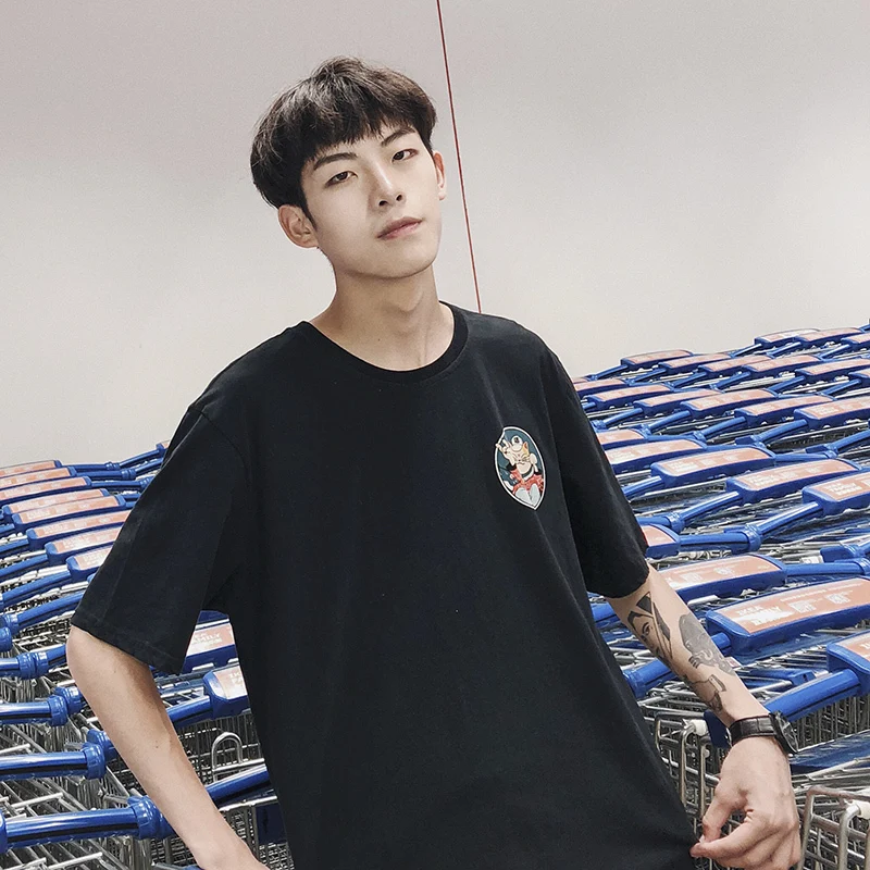 2019 Summer top Men's New Pattern Fashion Trend Cartoon Printing Student Grey/white Color Cotton Clothing Loose T-shirts tshirt