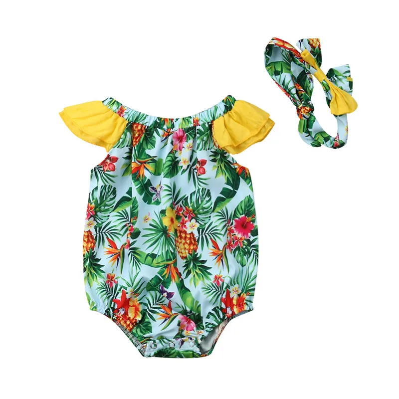 

0-24M Newborn Baby Girl Boho Summer Clothes Sets Girl Floral Flying Sleeve Bodysuit Cotton Sunsuit Bow Headband 2Pcs 0-24M