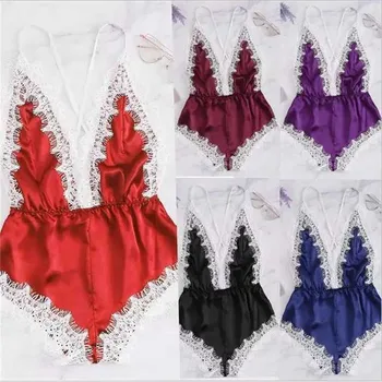 

New Sexy Women Underwear Lace Deep V-neck Baby Doll Off Shoulder Plus Size Backless Sleepwear Nightgowns Ladies Silk Pajama