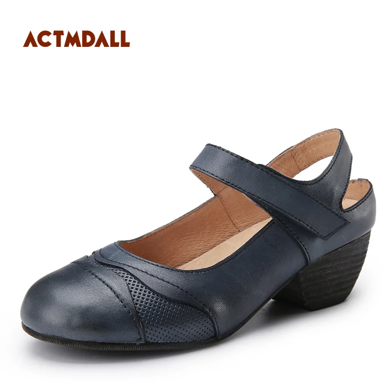 Chaussures Cuir De En Conception 2019 kaki Wedge Baotou Sandales Moyen Talon Femmes D'été Dark Blue Vintage Originale Véritable qBWwRFtt6