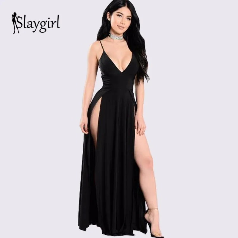 

Slaygirl Women Elegant Sexy Dress New Autumn Lady Double High Slit Party Frock With Black V Neck White Long Maxi Dresses 2018