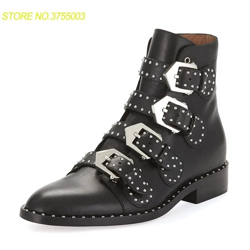 

NewBlack Real Leather Martin Boots Women Pointed Toe Metal Rivet Belt Buckle Motorcycle Boots Woman Fashion Ankle Boots