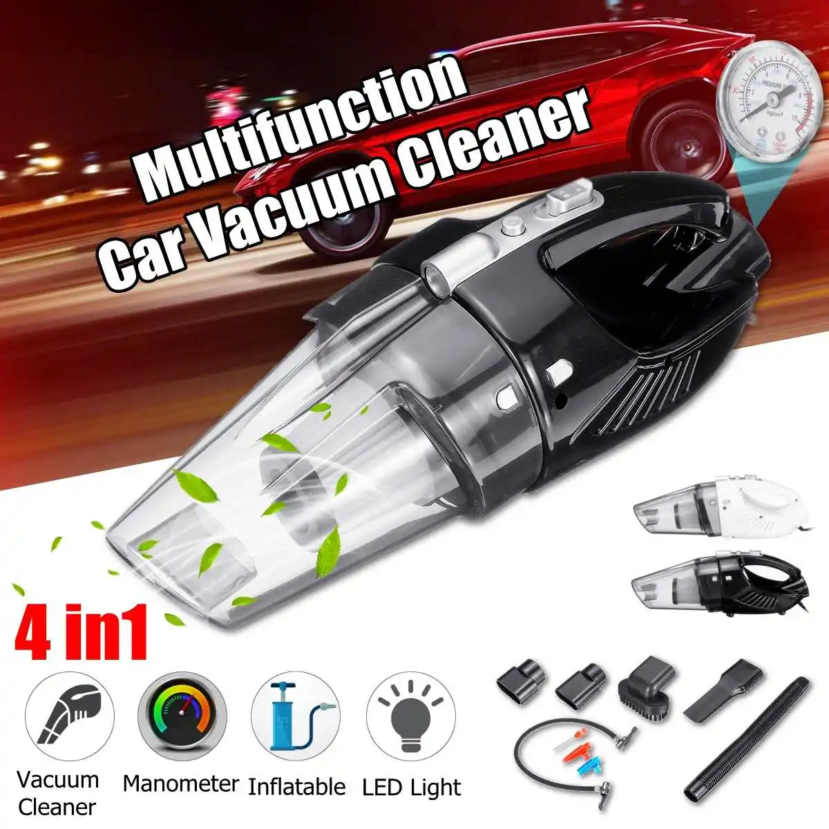 

4-in-1 Car Portable Vacuum Cleaner Pump With Multifunction 12V 120W 4000mPA with Smart Digital Tire Inflator Pump Pressure Gauge
