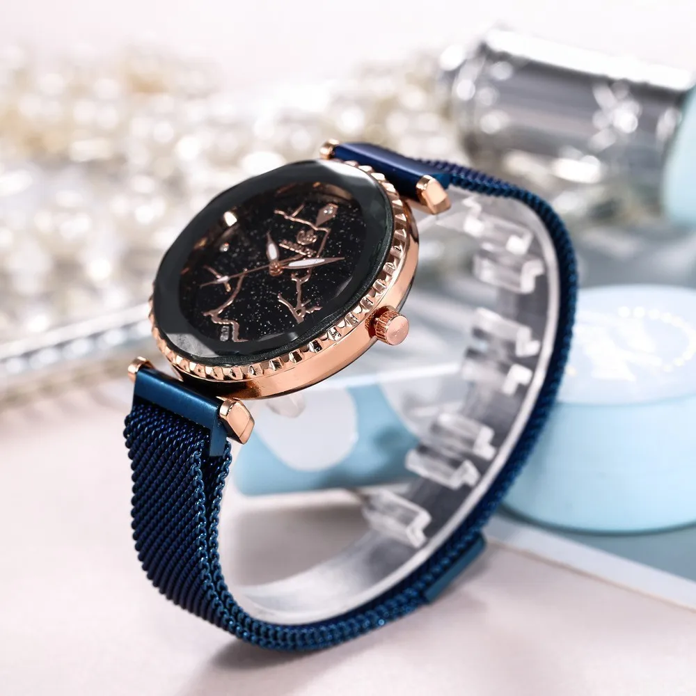 Роскошные сетчатые женские часы с магнитной пряжкой, звездная Бриллиантовая Геометрическая поверхность, повседневные кварцевые наручные часы для женщин, синие часы