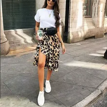 Новые летние Асимметричные Стрейчевые юбки леопарда с высокой талией, облегающие юбки до середины голени для женщин и девушек, пляжная одежда в стиле бохо