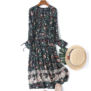 

Original 2019 Summer New Style Floral Print Frill Trim Lace up Long-Sleeve Slim Was Thin Silk Dress