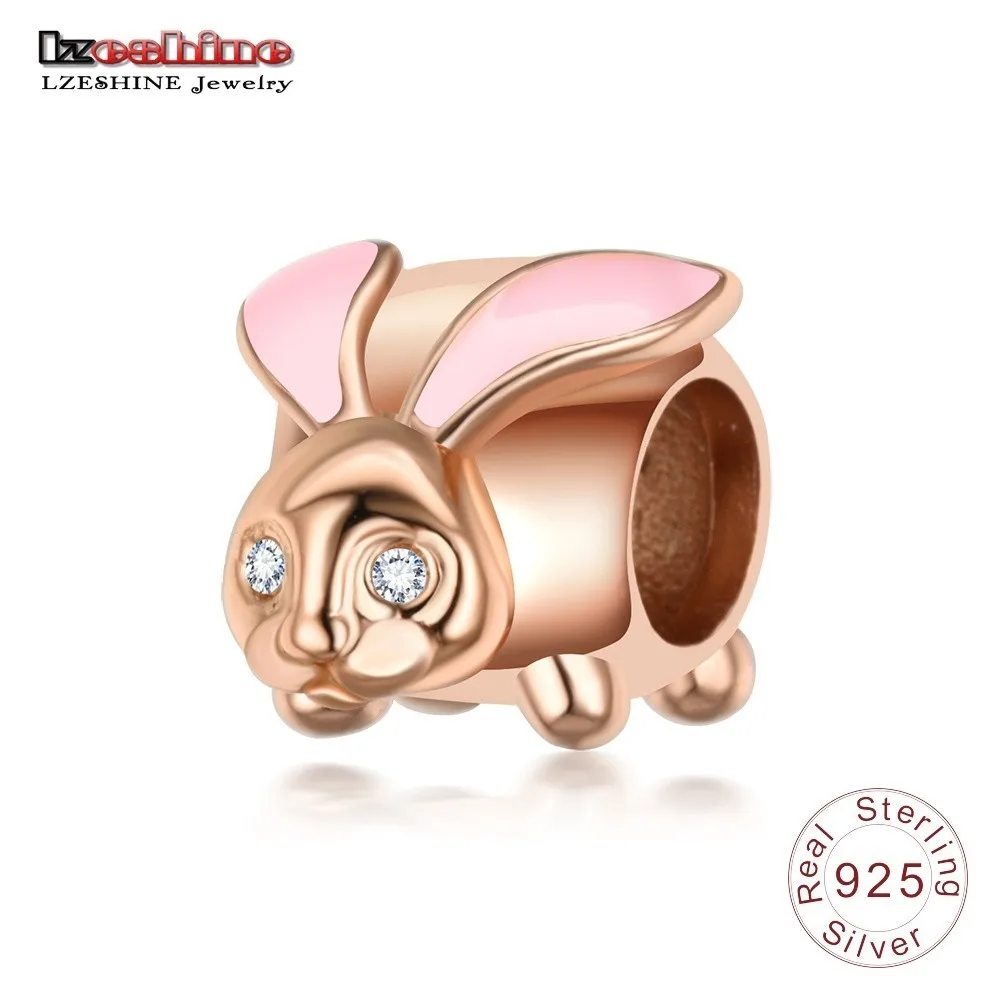 

LZESHINE S925 Sterling Silver Rose Gold Color Cute Rabbit Animal Charms Fit Pandora Bracelets Beads Silver Jewelry Accessories
