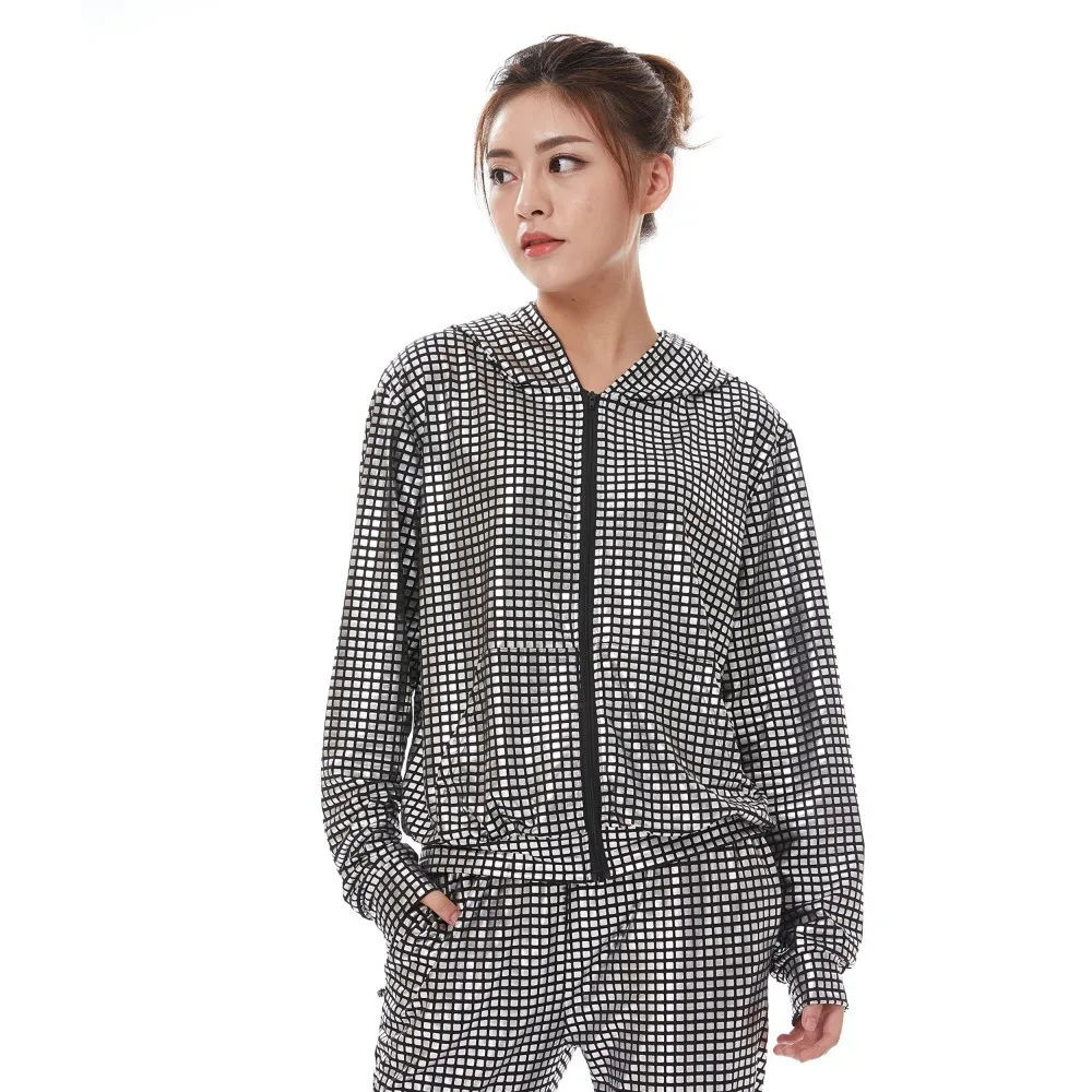 Finest  Spring Autumn Kid Audlt Bomber Pockets Jacket Silver Paillette Plaid Stage Performance Feminina Cas