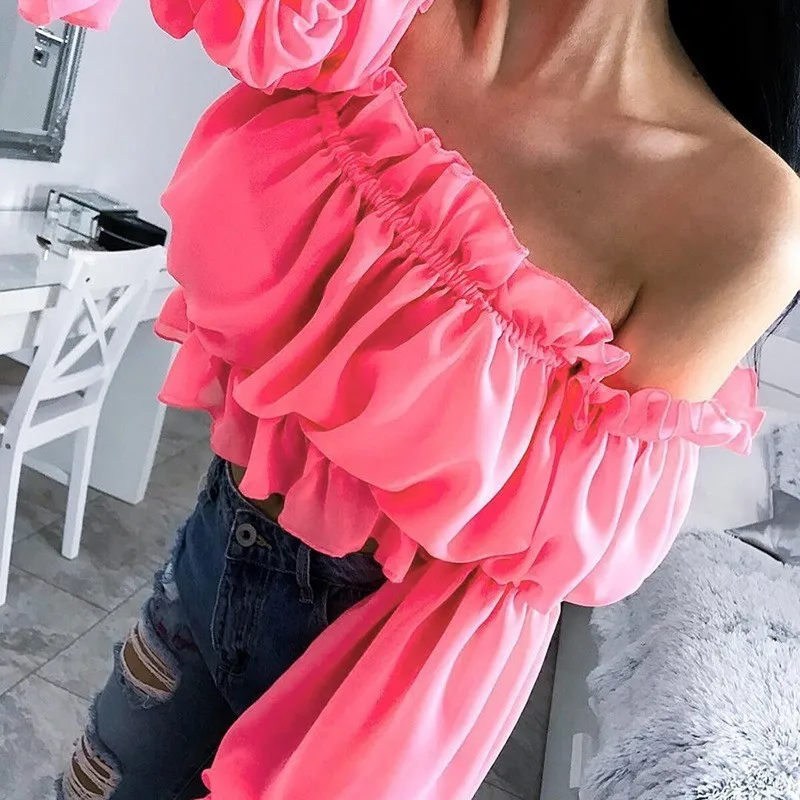 

Women Off Shoulder Loose Blouse Sexy Pink Long Sleeve Shirt Fashion Summer Female Green Ruffles Cropped Tops And Blouse Femme