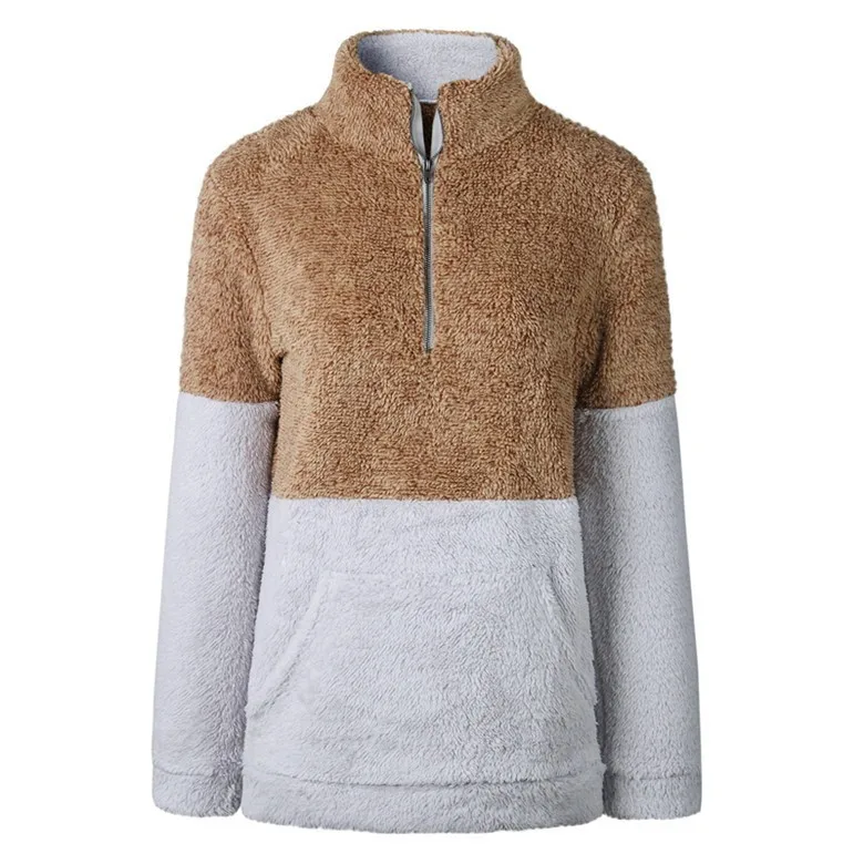 TTOU Utumn Winter Women's 1/4 Zipper Sherpa Knit Soft Fleece Pullover ColorBlock Sweater Outwear Coat Kangaroo Pockets 
