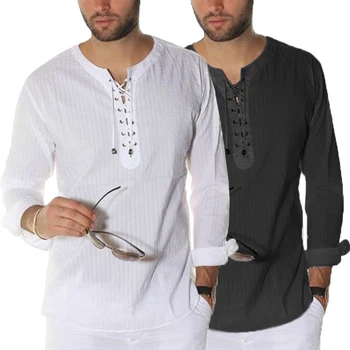 

INCERUN Elegant Style Mens Shirts Dress Long Sleeve Lace Up Tunic Casual Loose Fit Tops T-shirts Plus Size S-3XL