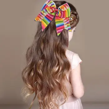 

Cute Baby Girl Big Hairband Bowknot Hairclip Students Performance Rainbow Print Elastic Headband Satin Ribbon Hair Rope Headwear