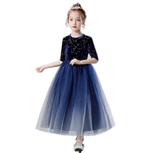 Винтажное блестящее рождественское длинное платье на возраст от 4 до 14 лет, подростковое платье на выпускной, платье для больших девочек, летнее бархатное платье градиентного цвета