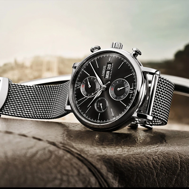 Роскошные брендовые швейцарские мужские часы LOBINNI, вечный календарь, автоматические механические мужские часы с сапфировым кожаным ремешком, relogio L13019-8
