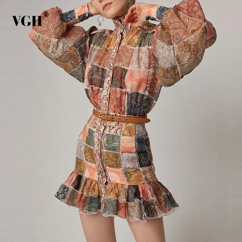 

VGH Spring Vintage Print Women's Dress Stand Collar Lantern Long Sleeve Button High Waist Dresses Female 2019 Fashion New Tide