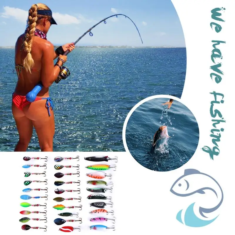 

30pcs/set Metal Sequins Fishing Lure Set Spoon Artificial Bait with Treble Hook Popper Fishing Lure Hard Artificial Bait 2019