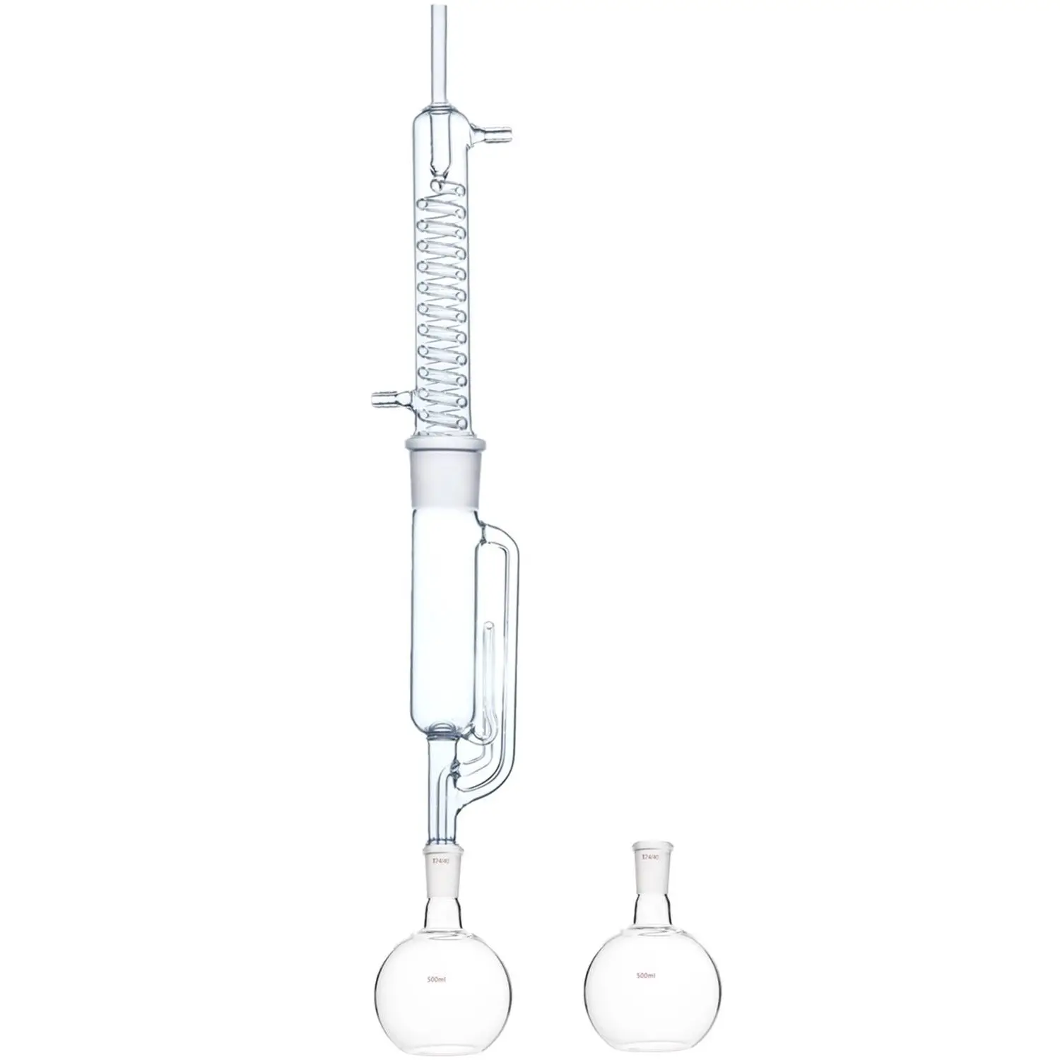 500ml 24/40 실험실 유리 소흘 추출기(코일 그레이엄 콘덴서 포함) 플랫 바닥 플라스크 2개