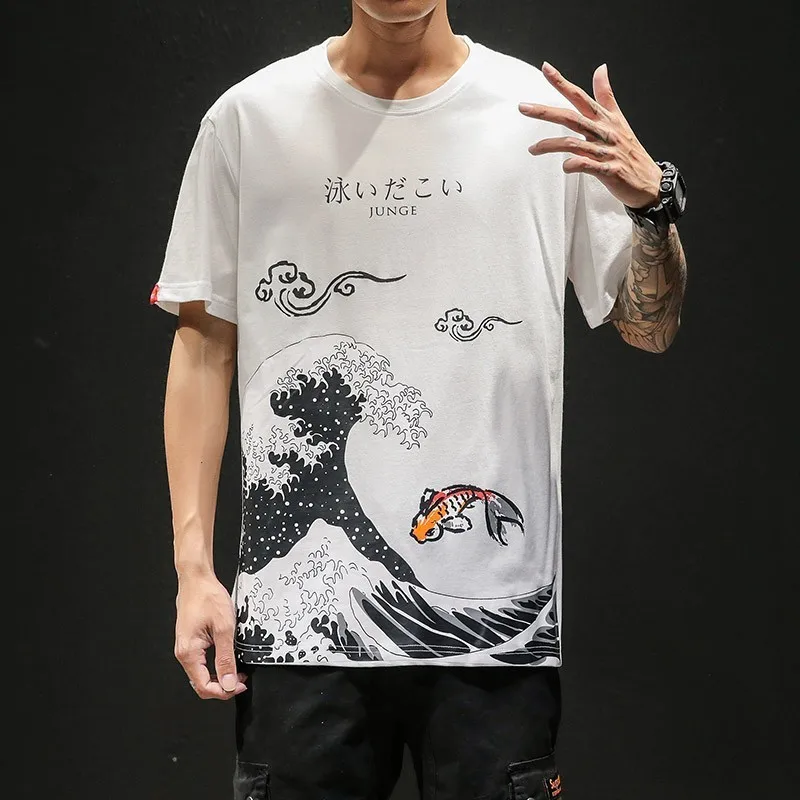 Fish Water Ripped Printed Cotton T Shirts Streetwear Men 2019 Hip Hop Chinese Character Casual Short Sleeve Tops Tees Tshirt |