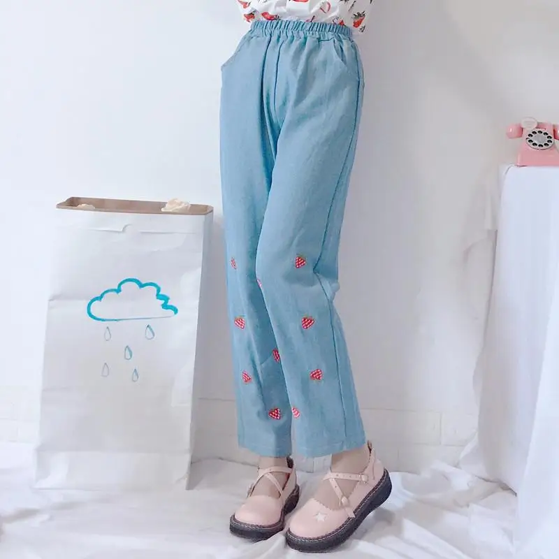 

2019 Spring Summer New Women Jean Pants Strawberry Printed High Waist Loose Pants Casual Cute Students Jean Pants For Girls