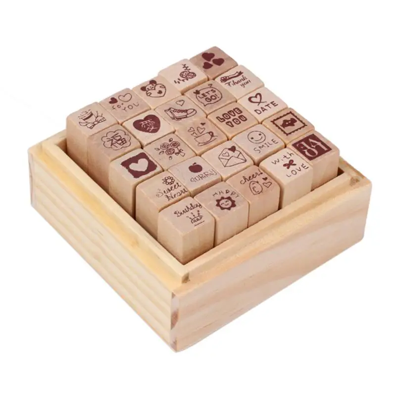 

25pcs/Set DIY Love Diary Wooden Rubber Stamp Interest Scrapbooking Photo Album Paper Cards Stamping Stamps Set with Wooden Box