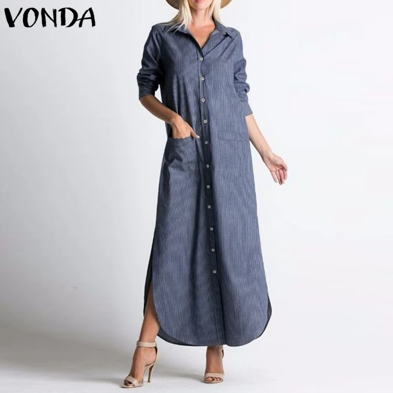 

VONDA Maxi Long Dress Women 2019 Autumn Lapel Neck Long Sleeve Shirt Dress Buttons Split Casual Sexy Striped Vestidos Plus Size