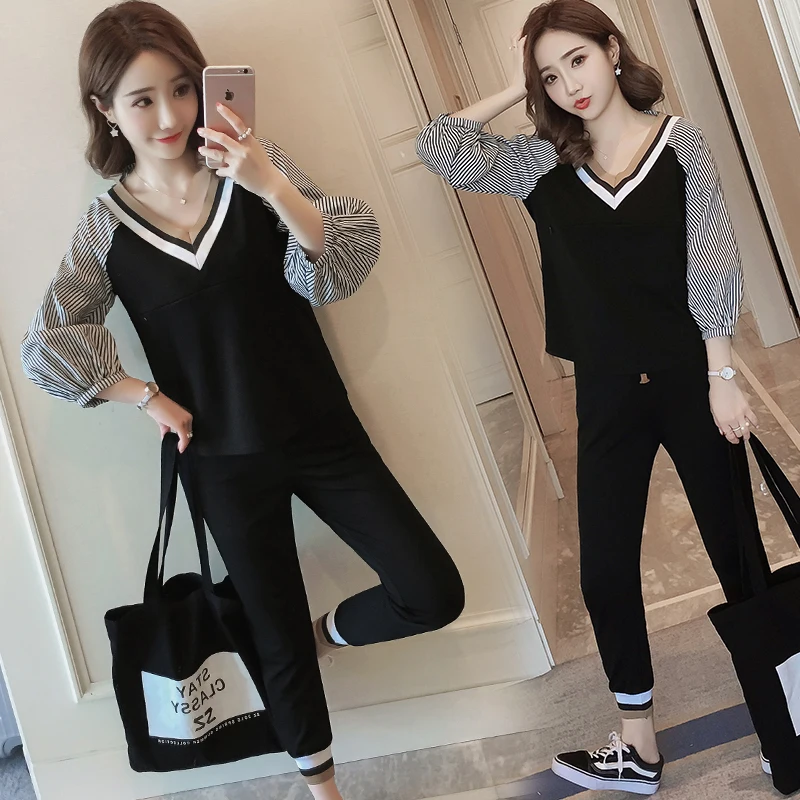 

2019 spring nursing cothes set long sleeve v-neck stripe lactation shirts+drawstring waist pants two-piece suit breastfeeding