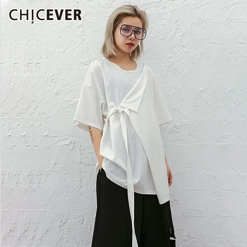 

CHICEVER Summer Casual Solid Women T-shirt Patchwok Lace Up Bow O Neck Short Sleeve Loose Plus Size Female Top Clothing 2019 New