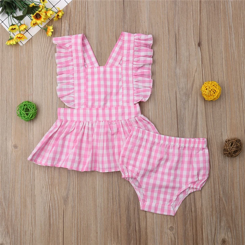 2PCS Lovely Infant Baby Girls Plaids Outfits Set Ruffle Dress Top