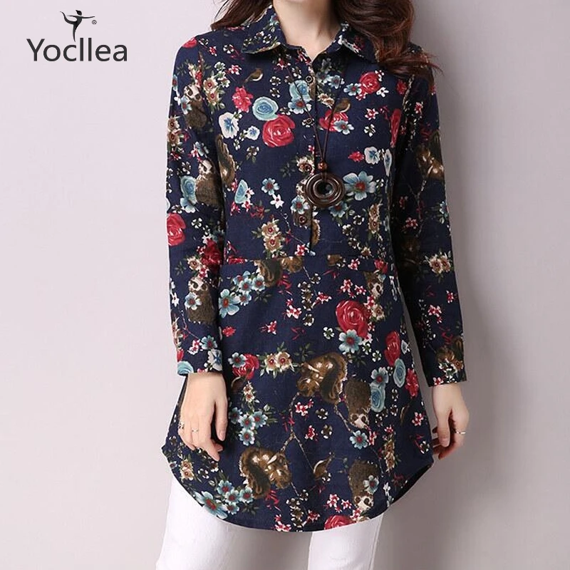 Lady Fashion Floral Print Blouse Autumn Long Sleeve Turn