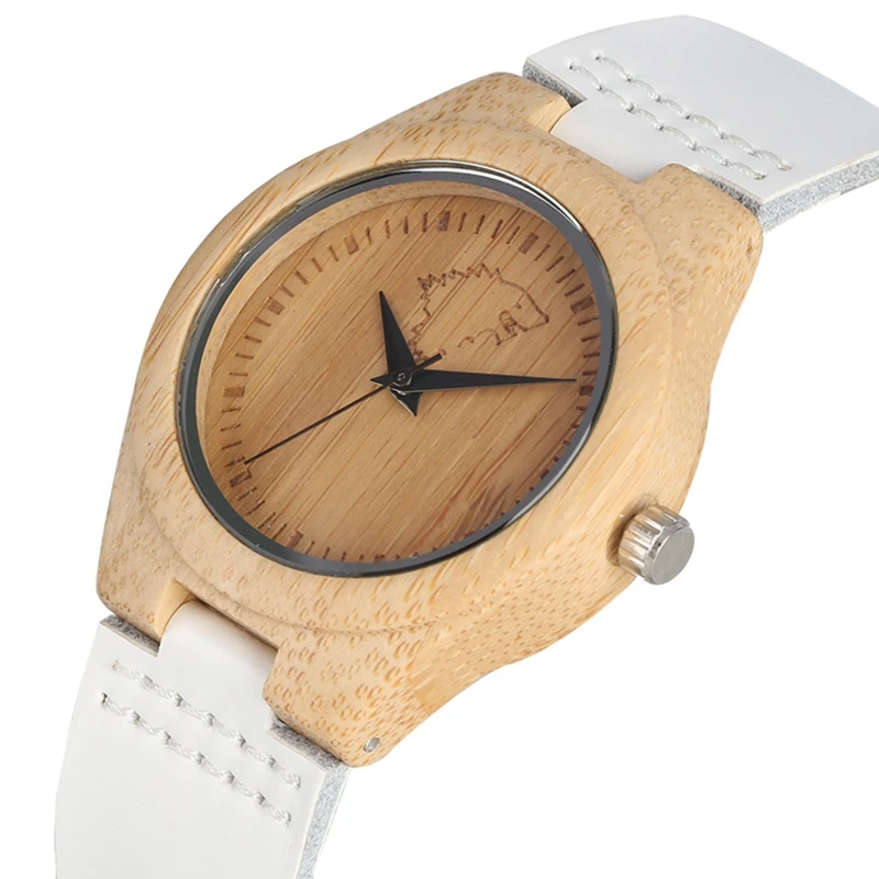 

Carved Ice Wolf Engraved Dial Wooden Watch Women Pure Bamboo Wood Elegant White Leather Bracelet Watch Women's Wrist Reloj Mujer