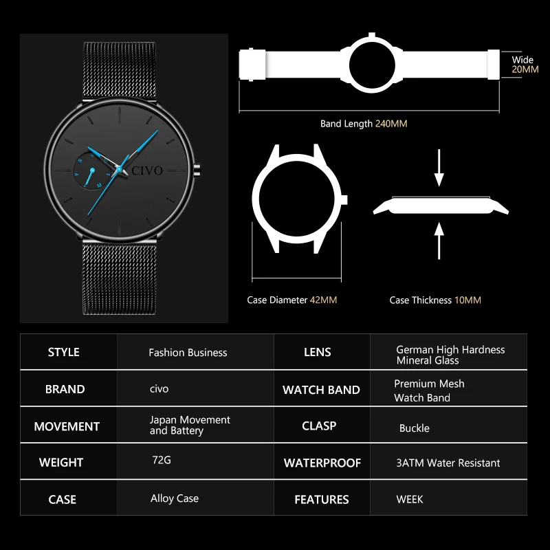 CIVO мужские часы тонкие сетчатые водонепроницаемые минималистичные наручные часы для мужчин кварцевые спортивные часы ультра тонкие часы Relogio Masculino
