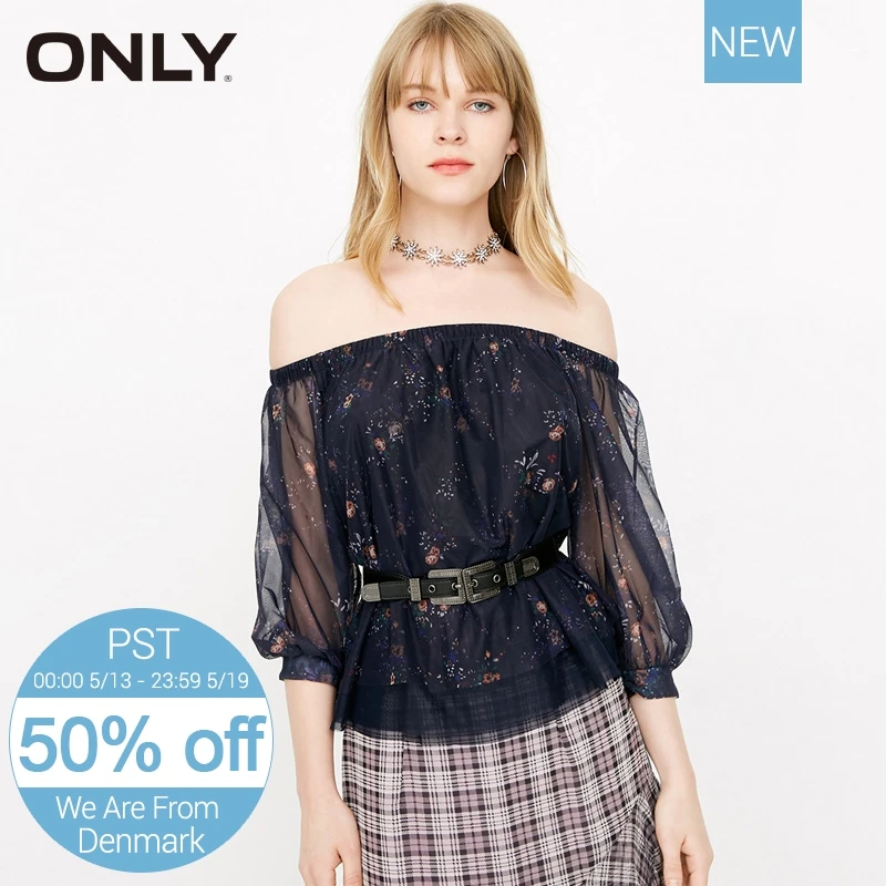 

ONLY Women's Spring & Summer 2019 Off-shoulder Floral Gauzy Chiffon Shirt |118130526