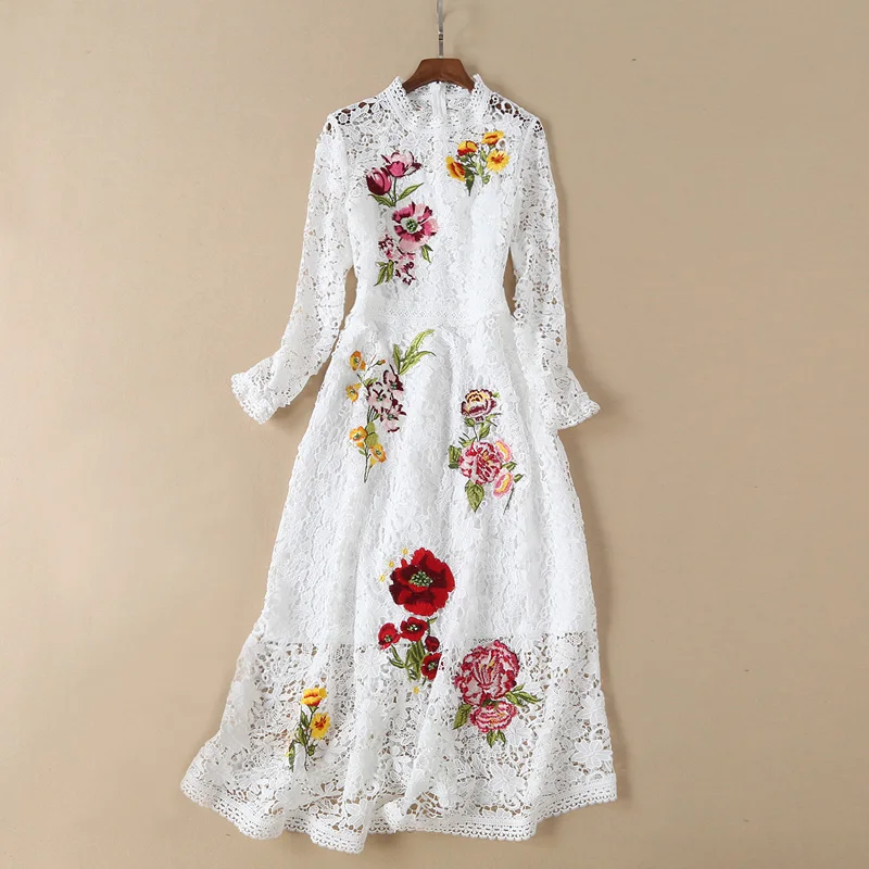 

floral embroidered black / white lace party dress 2019 women clothes fashion dress o-neck long sleeve a line transparent dress