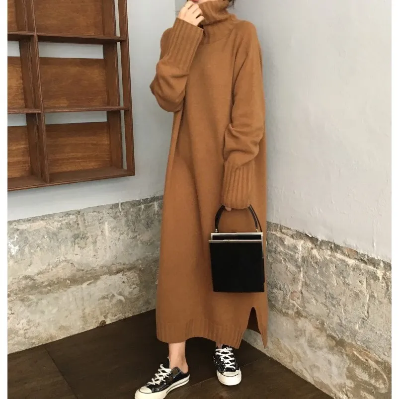 Women Winter Turtleneck Pullover Sweater Dress Casual Long Knitted Dress Female Loose Solid Pullovers Long Split Sweater Robe Women Winter Turtleneck Pullover Sweater Dress Casual Long Knitted Dress Female Loose Solid Pullovers Long Split Sweater Robe