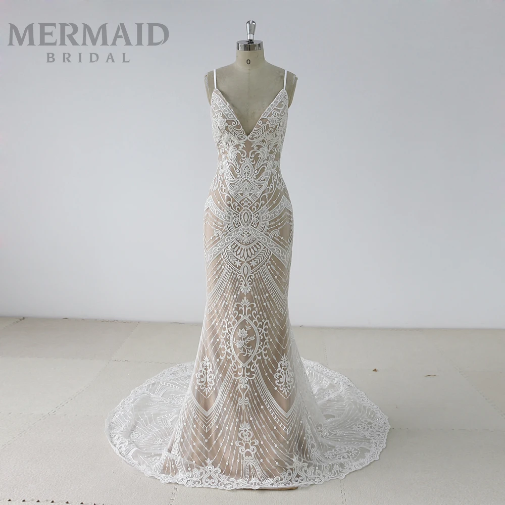 

Amazing beading lace backless mermaid wedding dress