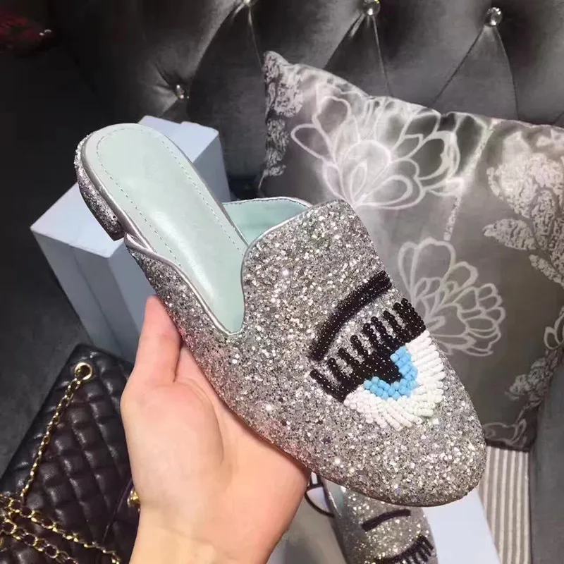 

2018 Hot Summer Shoes Slippers Leather Blink Eyelashes Eyes String Bead Bling Slippers Fashion Outside Lazy Shoes Woman Slides