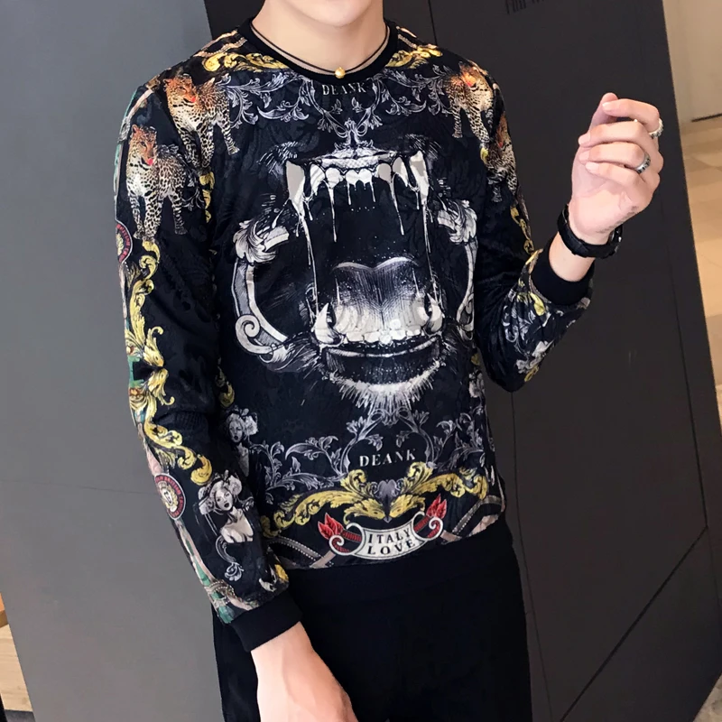 

2019 Spring Luxury Men Velour T Shirt Design Printing T Shirt Homme Club Outfit Men Slim Fit Long Sleeve O Neck Velvet T Shirt
