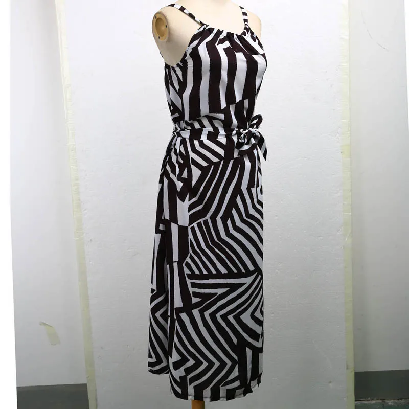 Women Long Dress Boho Summer Fashion Casual Dress Sleeveless Striped Bow High Waist Straight Ankle=Length Dress Sundress