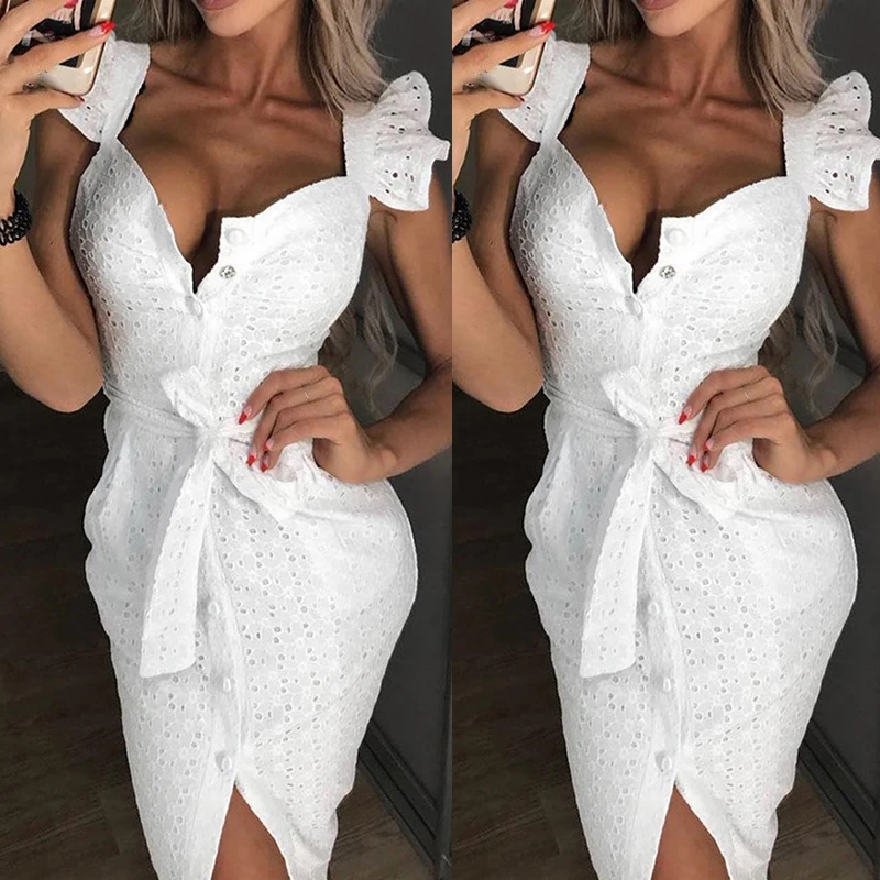 

Ladies Dress Sexy V Neck Ruffles Sleeve Bodycon Button Front Summer Dress Slim Mini Dress