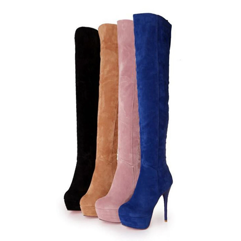 

Women Side Zip Over The Knee Long Plush Boots Sexy Super High Thin Heel Shoes Ladies Winter Warm Solid Color High Heel Boots
