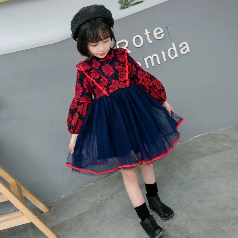 

Children's Korean version dress with velvet winter girl's princess dress with net yarn, lace and velvet winter dress