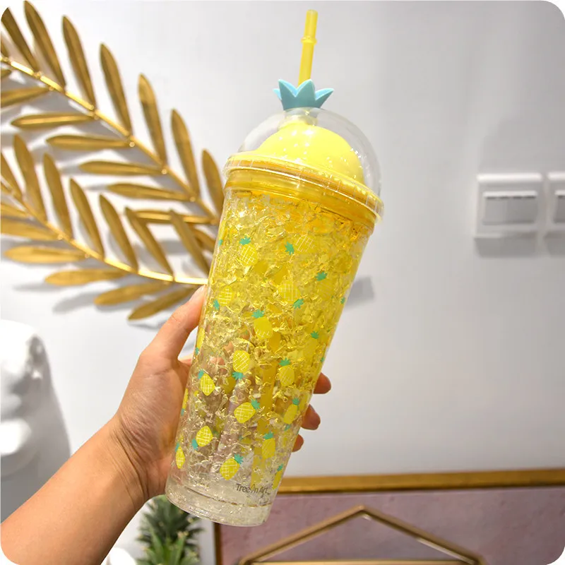 

Summer Crushed Ice Cup Creative Schoolgirl Double Refrigeration Cup Korean-Style with Straw Cup Adult Fresh Plastic Cup