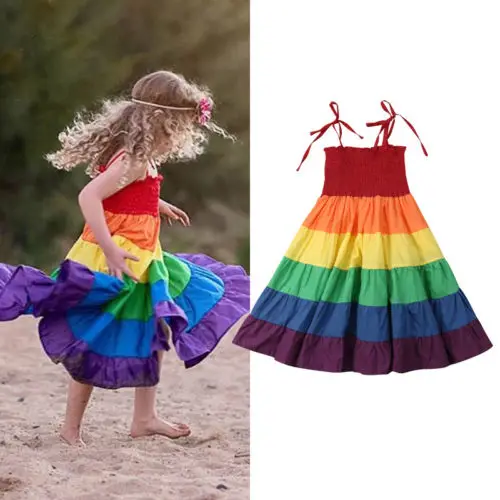 

2019 Colorful Rainbow Dress Toddler Kid Baby Girl Holdiay Beach Pageant Party Princess Sleeveless Dress Children Summer Sundress