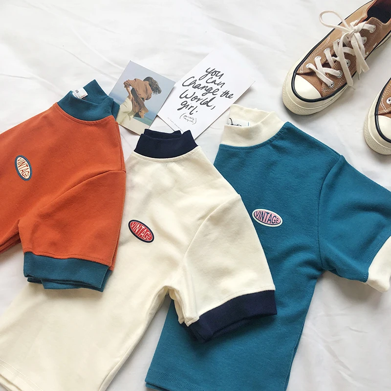 

Contrast Chest Badge Printed Elastic Self-cultivation Fabric Short-sleeved Summer Orange T-shirt
