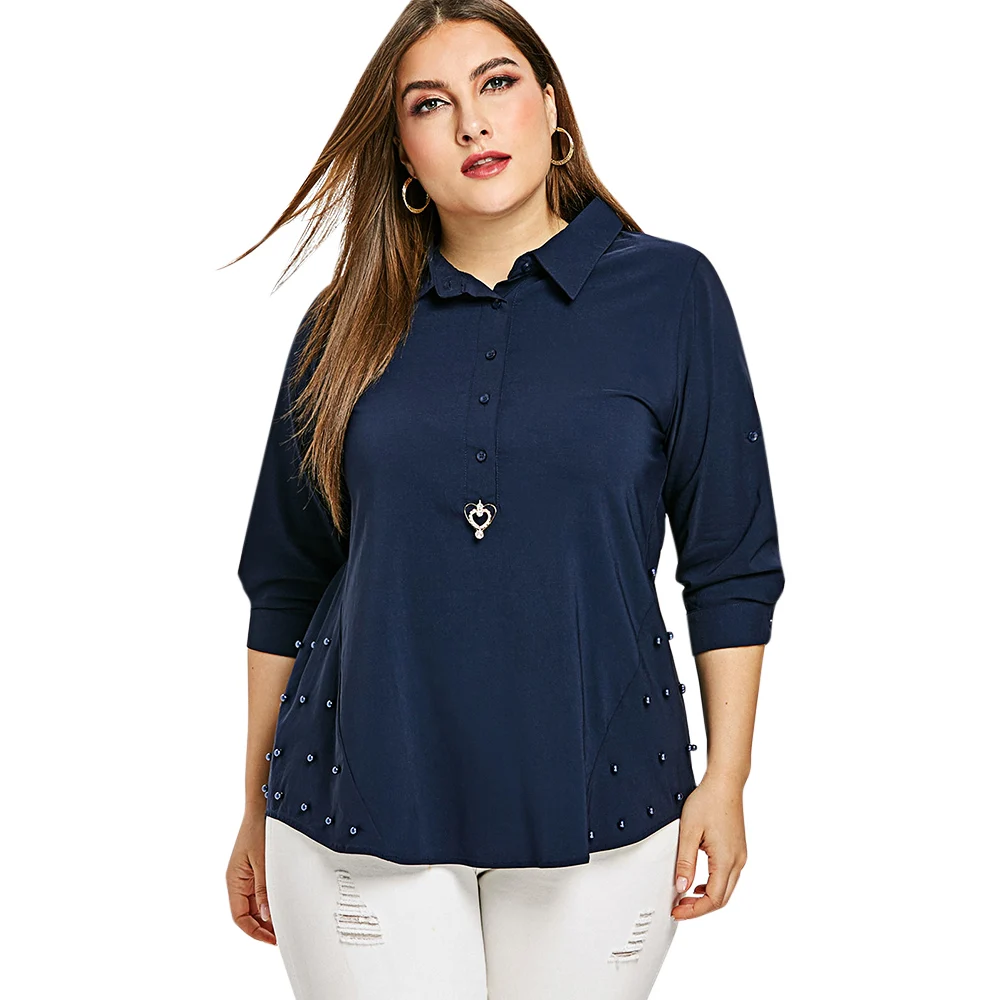

Wipalo 2019 Fashion Women Faux Pearl Half Button Plus Size Shirt Casual Solid OL Blouse Shirt Big Size 4XL Spring Ladies Shirts
