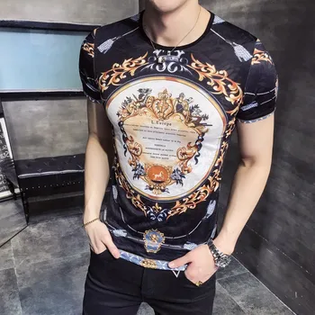 

2019 Spring Ice Silk Short Tee Korean Print T Shirt Club Party Homme Baroque Pantalon Moda Hombre Camiseta Hombre Manga Corta