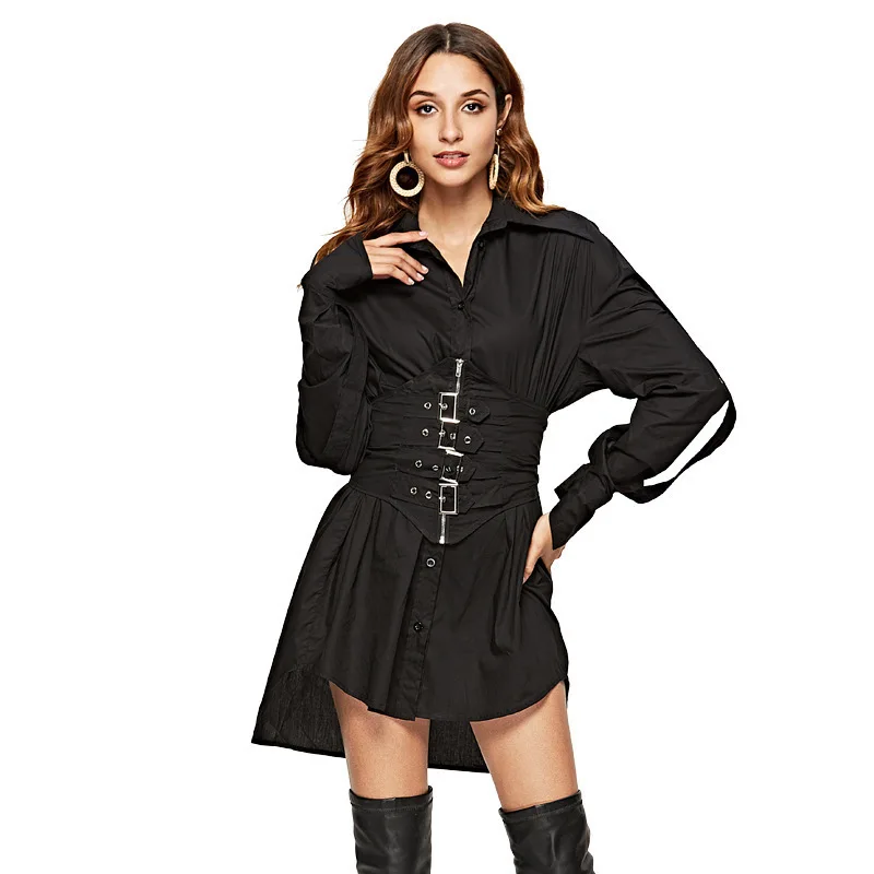 

#2782 Black/White Spring Autumn Punk Long Formal Shirt For Women Solid Color With Corset OL Tops Blouse Female High Quality Tide