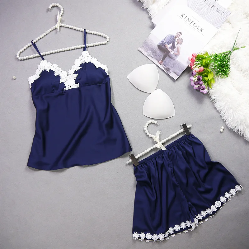 

Modis Fashion Women 2 Piece Pajamas Lace Solid Plus Size Pad Remove Sleepwear Mujer Sling+shorts Sexy 2019 Summer Lingerie