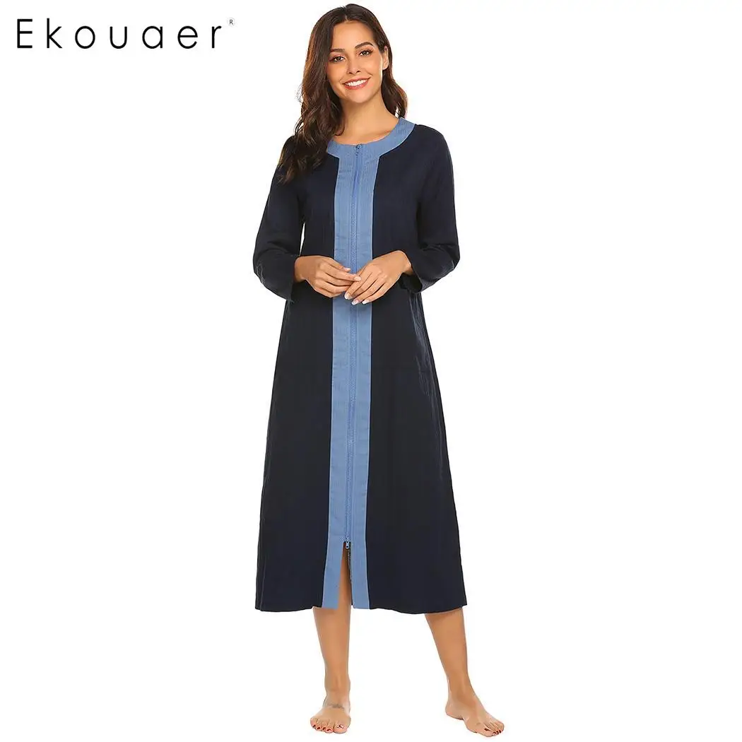 Ekouaer пижама с длинными рукавами платье Для женщин Ночная рубашка с О-образным вырезом свободные Повседневное карман на молнии в стиле пэчворк рубашки одежда для сна Женская