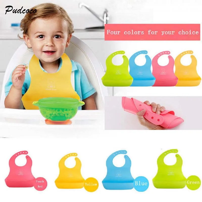

2018 Easy Clean Waterproof Baby Silicone Bibs Feeding bib Kids Roll up Catcher Pocket
